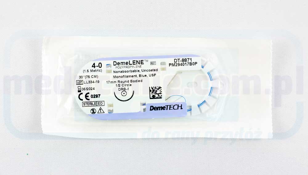 DEMELENE Chirurgický steh (nevstřebatelný) 4/0 75cm modrý s 1/2 17mm zaoblenou jehlou DEMETECH 1 ks