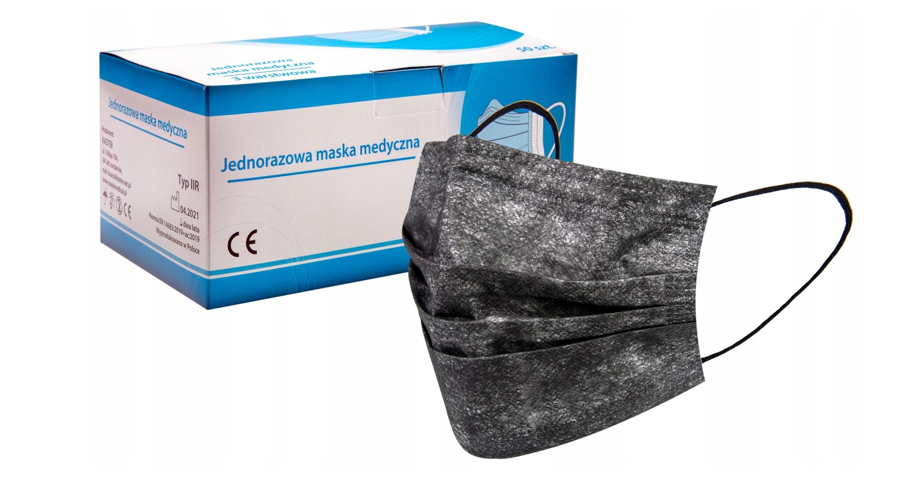 Černá chirurgická maska typu II 50ks lékařská, třívrstvá, na gumičce