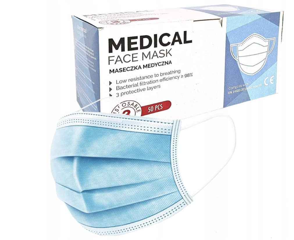 Modrá chirurgická maska typu IIR 50ks lékařská, třívrstvá, na gumičce