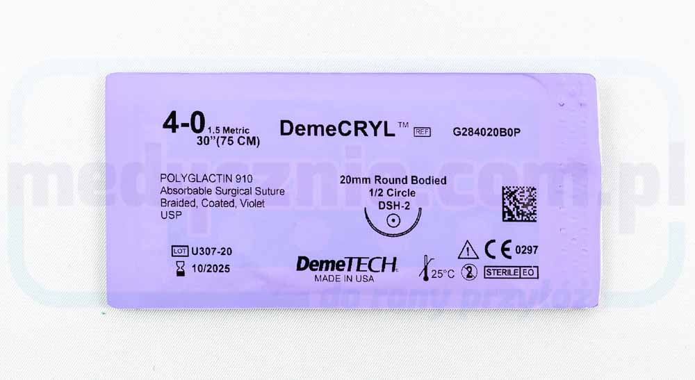 Chirurgický steh DEMECRYL (vstřebatelný) 4/0 75cm fialový se zaoblenou 1/2 20mm jehlou DEMETECH 1 ks