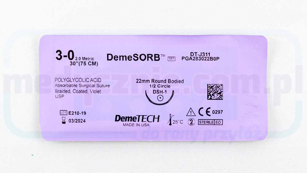 DEMECRYL Chirurgický steh (vstřebatelný) 3/0 75cm fialový s 1/2 22mm zaoblenou jehlou DEMETECH 1 ks